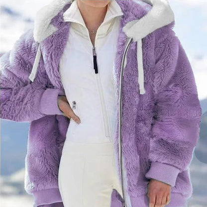 New Autumn/Winter Loose Plush Zipper Hooded Coat for Women