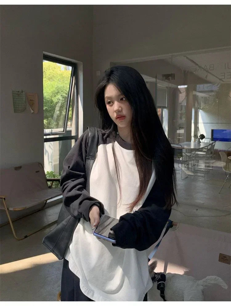 Casual Oversized T Shirt Y2k Tops Harajuku Long Sleeve O-Neck T-Shirts Spring Autumn Black White Patchwork Tees Women Streetwear