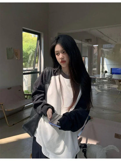 Casual Oversized T Shirt Y2k Tops Harajuku Long Sleeve O-Neck T-Shirts Spring Autumn Black White Patchwork Tees Women Streetwear