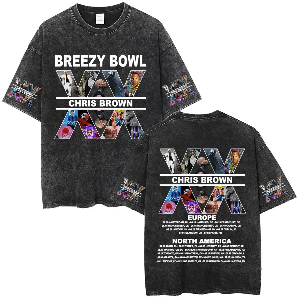 Vintage Washed Chris Brown Graphic T-shirt Breezy Bowl XX Tour 2025 Merch T Shirts Men Women Hip Hop Fashion Oversized T-shirts