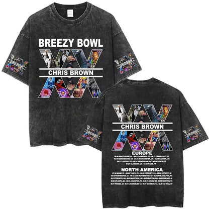 Vintage Washed Chris Brown Graphic T-shirt Breezy Bowl XX Tour 2025 Merch T Shirts Men Women Hip Hop Fashion Oversized T-shirts