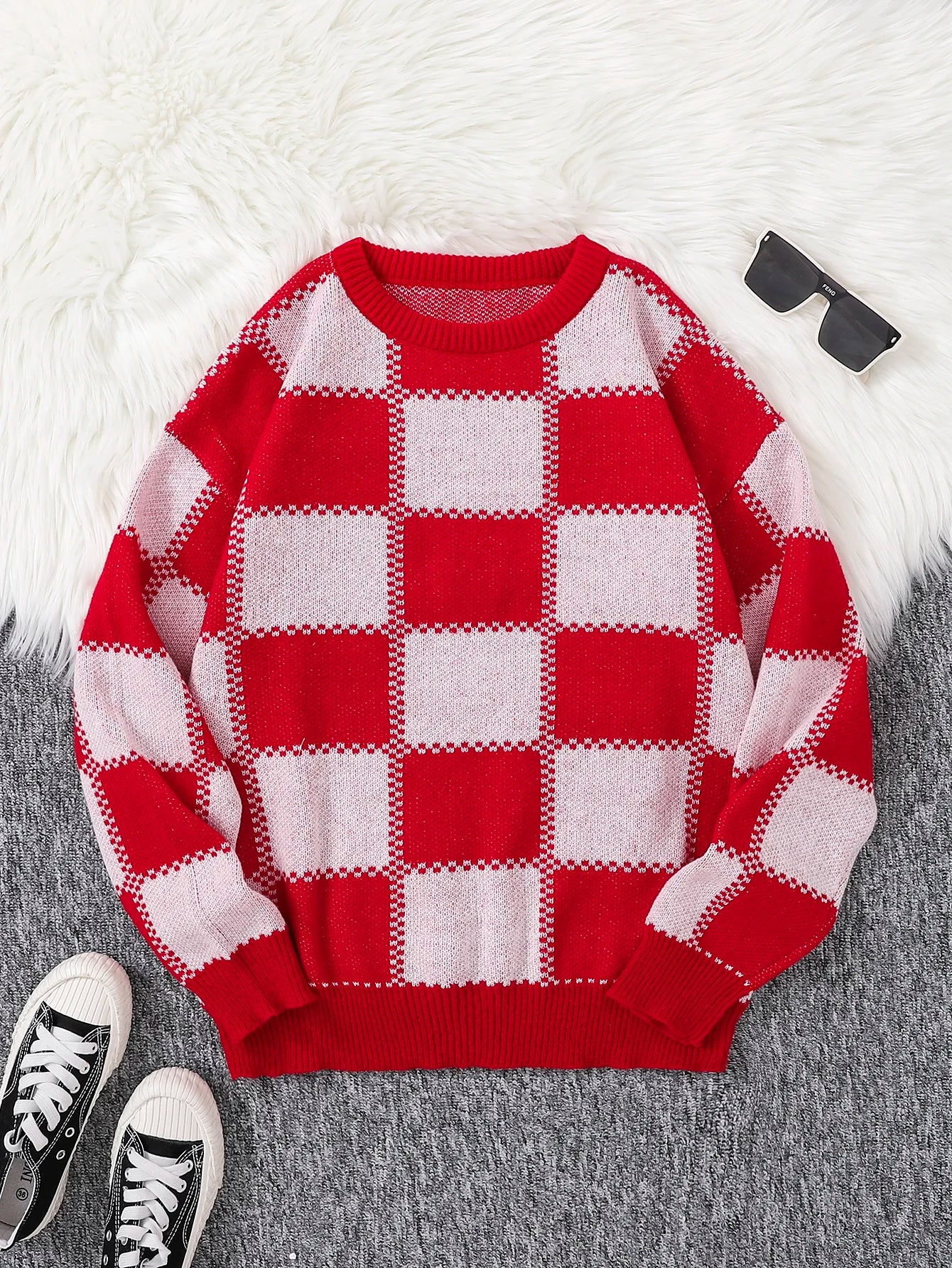 Retro Trendy Plaid Jacquard Pattern Pullover Sweater Casual Round Neck Color-Block Knit Men's Pullover