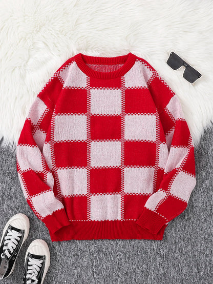 Retro Trendy Plaid Jacquard Pattern Pullover Sweater Casual Round Neck Color-Block Knit Men's Pullover