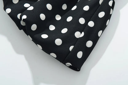 2025 Sexy Black White Polka Dot Halter Tank Top + Tie Bow Sashes Elastic Waist Ruched Ball Gown BUD Mini Skirt 2 Pieces 1 Set