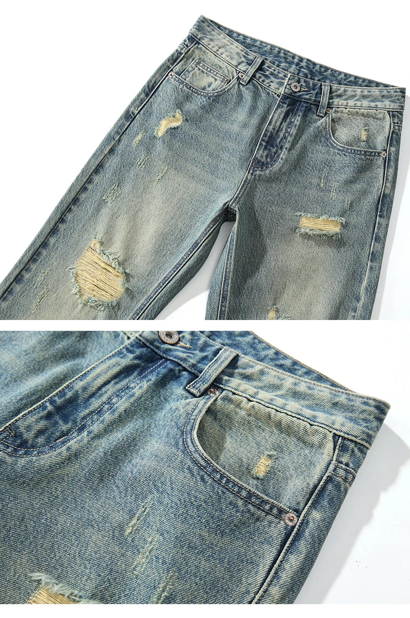 KSTUN Flared Jeans Men Booocut Jean Streetwear Denim Pants Ripped Hollow Out Vintage Jeans Men Distressed Frayed Americian Style