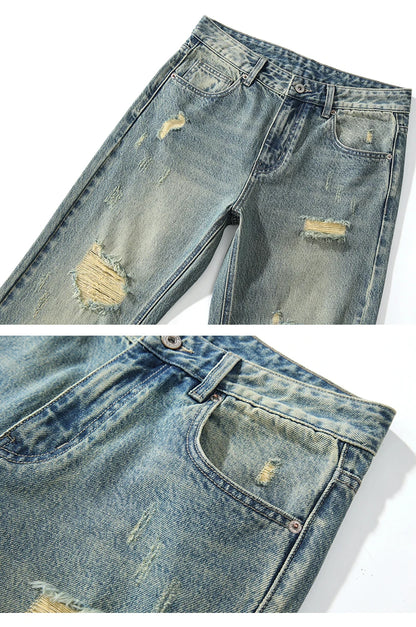KSTUN Flared Jeans Men Booocut Jean Streetwear Denim Pants Ripped Hollow Out Vintage Jeans Men Distressed Frayed Americian Style