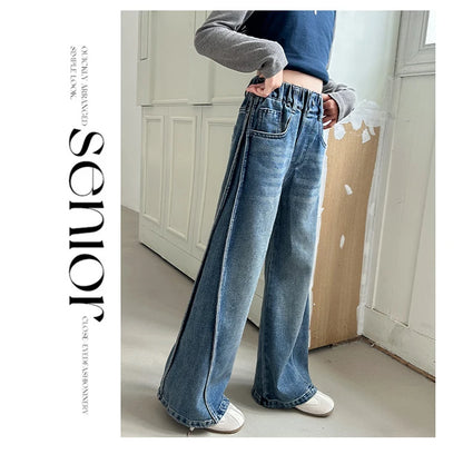 New Autumn Tween Girl Dark Blue Jeans Foldable Wide Leg Denim Pants Kids Child Spring High Waist Jeans Trousers Age 4 To 14 Y