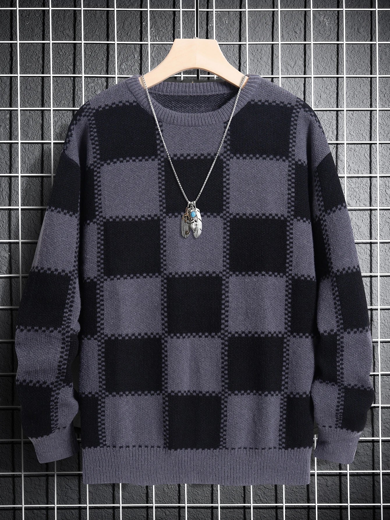 Retro Trendy Plaid Jacquard Pattern Pullover Sweater Casual Round Neck Color-Block Knit Men's Pullover