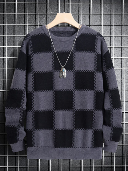 Retro Trendy Plaid Jacquard Pattern Pullover Sweater Casual Round Neck Color-Block Knit Men's Pullover