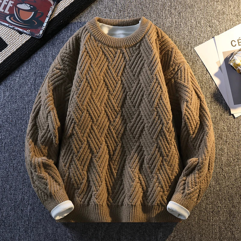 Knit Sweater Men Cable Pullover New Autumn Winter Diamond Pattern Loose Fit Solid Fashion Casual Streetwear Crew Neck Sweaters
