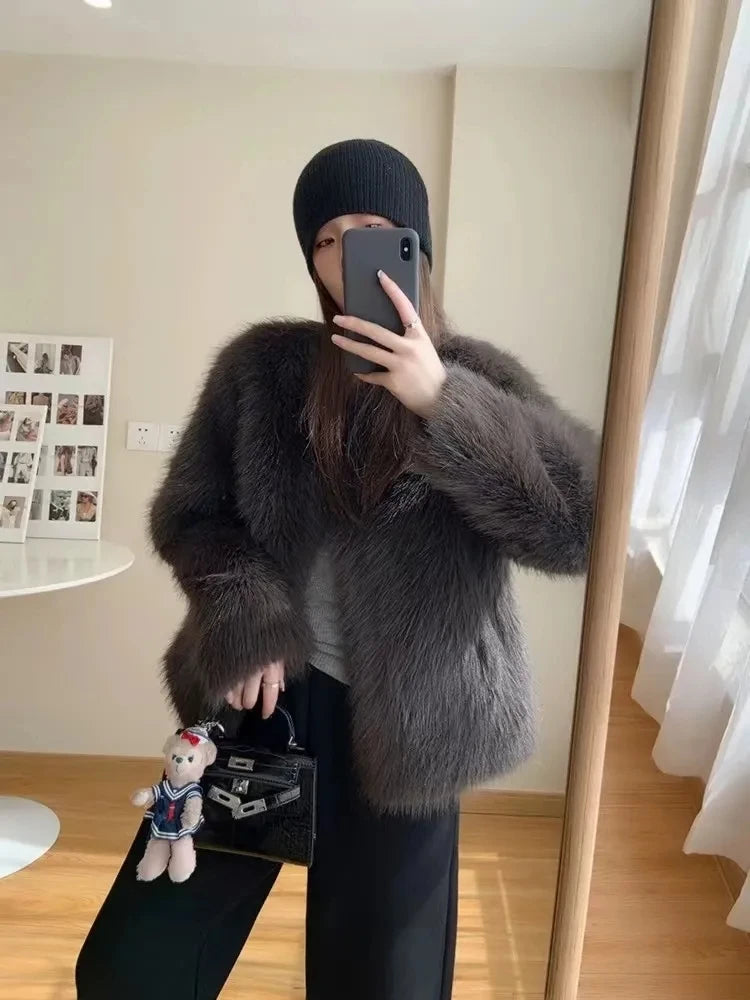 Winter Jacket New Furry Coat Womens Clothing Slim Fur One lmitation Fox Fur Jacket V-neck High Grade Loose Casual Top Womens