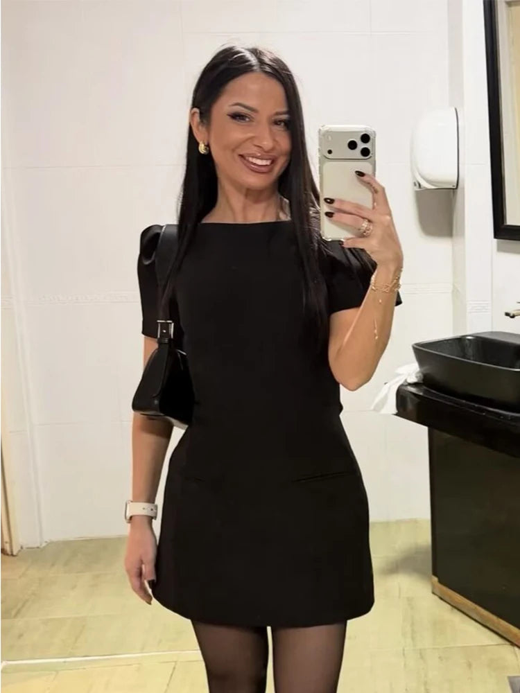 Elegant Puff Sleeve Party Dresses Women Solid Pockets A-line Slim Zipper Mini Dress Ladies Office Outfit Club Evening 2026 Fashi