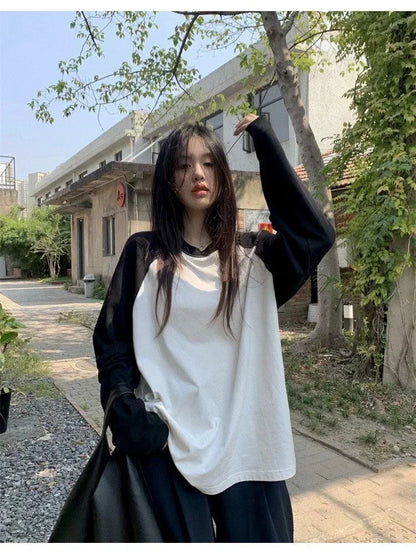 Casual Oversized T Shirt Y2k Tops Harajuku Long Sleeve O-Neck T-Shirts Spring Autumn Black White Patchwork Tees Women Streetwear