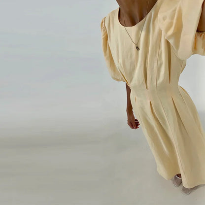 Casual Yellow Short Puff Sleeve Women Dress Loose Solid O-neck Pleated High Waist Female Maxi Dresses 2025 Summer Chic Lady Robe