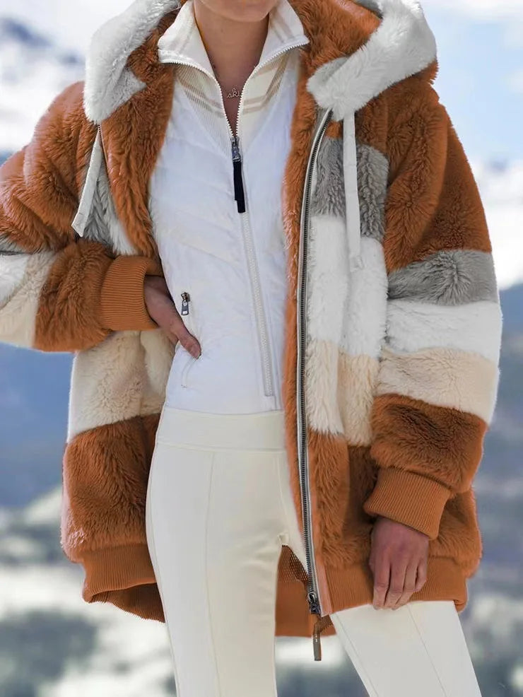 New Autumn/Winter Loose Plush Zipper Hooded Coat for Women