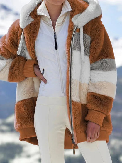 New Autumn/Winter Loose Plush Zipper Hooded Coat for Women
