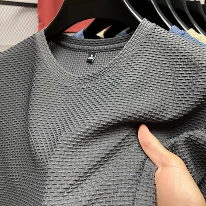 Men's Short Sleeve Mesh Bamboo Ice Silk T-shirt Casual Versatile Summer Elastic Slimming Top for Men 2029