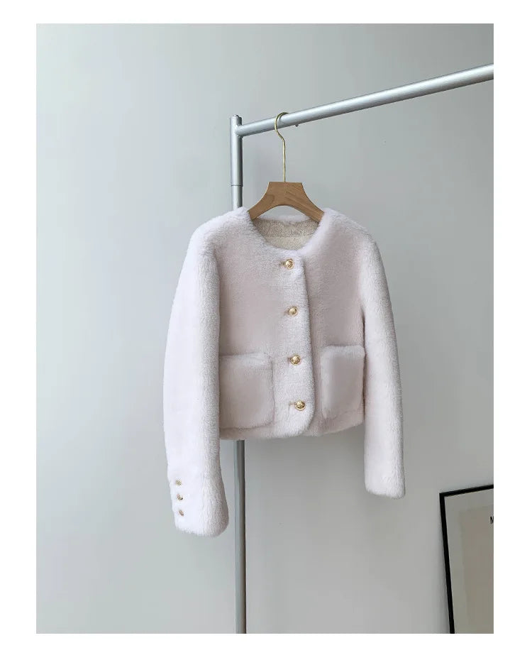 Woman Genuine Sheepskin Jackets Coat Female Winter Shearling Coats Real Lamb Fur O-neck Natural  Outewear  Overcoat G152