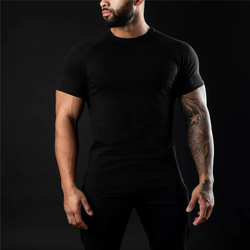 Men Cotton Gym t-Shirt Short Sleeve t-Shirts Male Round Neck Casual Tops Slim Fit t Shirt Breathable Soild Tee Shirt Man Clothes