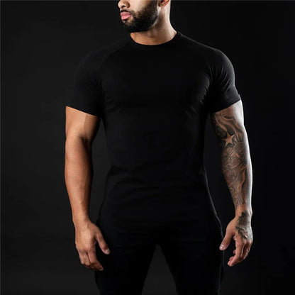 Men Cotton Gym t-Shirt Short Sleeve t-Shirts Male Round Neck Casual Tops Slim Fit t Shirt Breathable Soild Tee Shirt Man Clothes