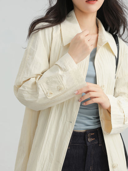 Wrinkled Double Cuff Belted Sleeve Trench Coat Women Loose Fit Lapel Collar Outerwear 2025 Casual Mid-Length Stylish Overcoat