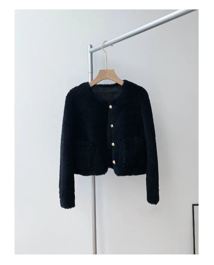 Woman Genuine Sheepskin Jackets Coat Female Winter Shearling Coats Real Lamb Fur O-neck Natural  Outewear  Overcoat G152