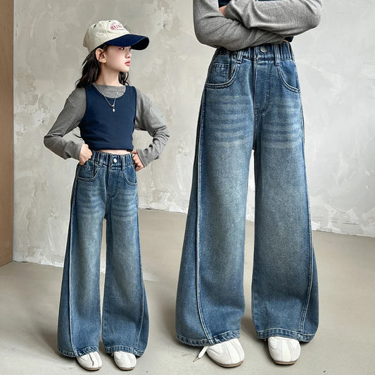 New Autumn Tween Girl Dark Blue Jeans Foldable Wide Leg Denim Pants Kids Child Spring High Waist Jeans Trousers Age 4 To 14 Y