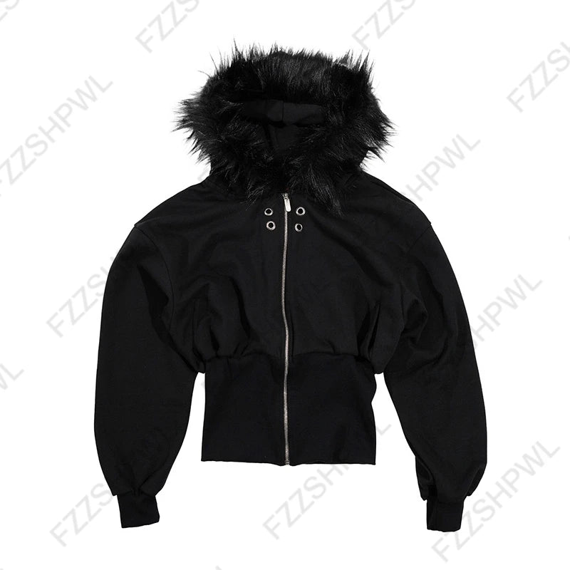Y2K Harajuku Gothic Women's Hoodie Sexy Slim Chic Suede Fur Collar Letter Print Cardigan Sweatshirt Aesthetic Female Streetwear