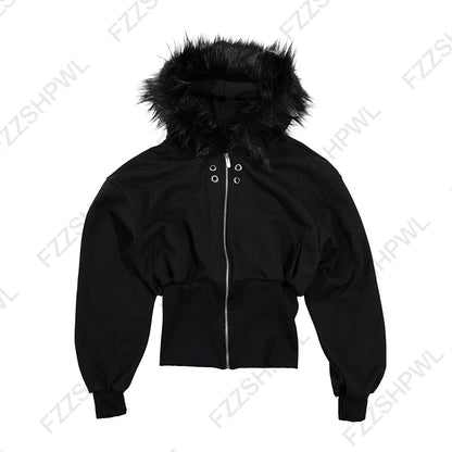Y2K Harajuku Gothic Women's Hoodie Sexy Slim Chic Suede Fur Collar Letter Print Cardigan Sweatshirt Aesthetic Female Streetwear