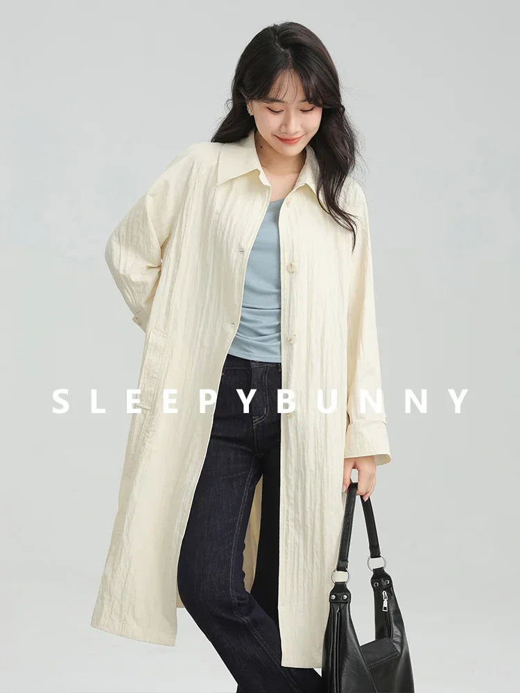 Wrinkled Double Cuff Belted Sleeve Trench Coat Women Loose Fit Lapel Collar Outerwear 2025 Casual Mid-Length Stylish Overcoat