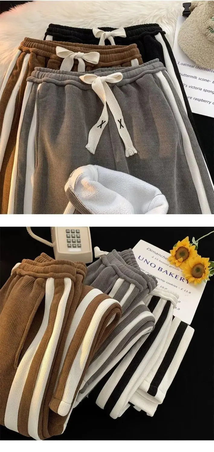 Thickened Fleece Corduroy Pants High Waist Loose Straight Leg Striped High School Students Autumn Winter Fashion Brand Teenag...