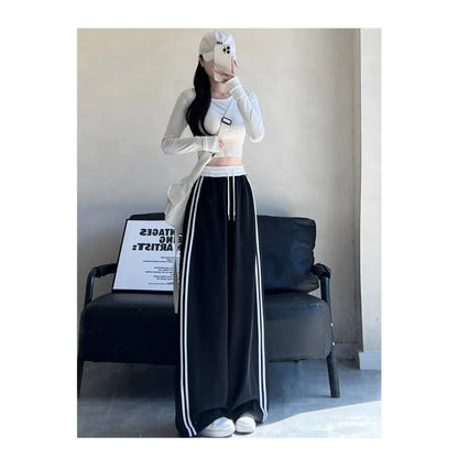 High Waist Wide Leg Pants Women's Spring Autumn New Style Loose American Knife Edge Sports Trousers Color Block Striped