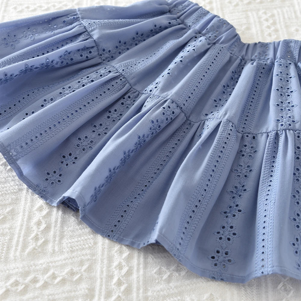 Bear Leader Blue Embroidered Flower Kids Clothes Girls Autumn Long Sleeved Lapel Single Breasted Shirt Top+Short Skirt 2Pcs Set