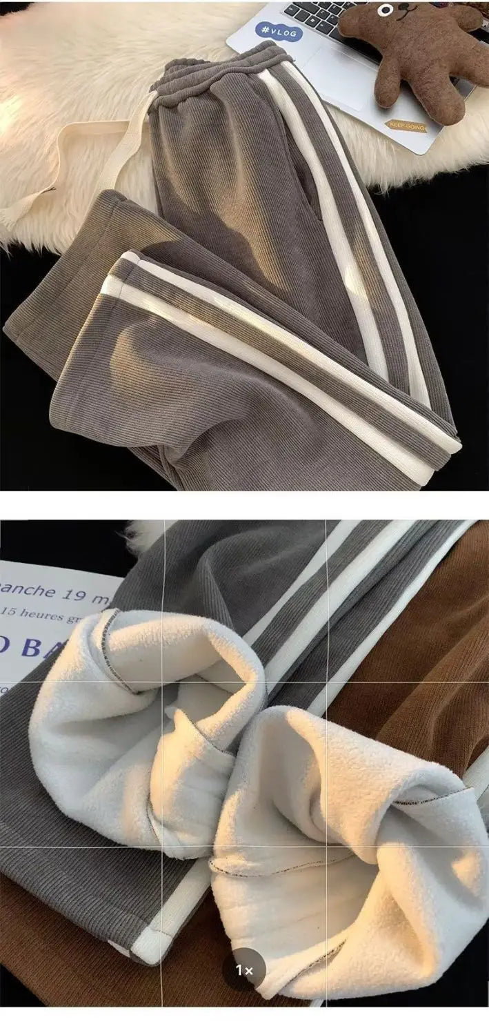Thickened Fleece Corduroy Pants High Waist Loose Straight Leg Striped High School Students Autumn Winter Fashion Brand Teenag...