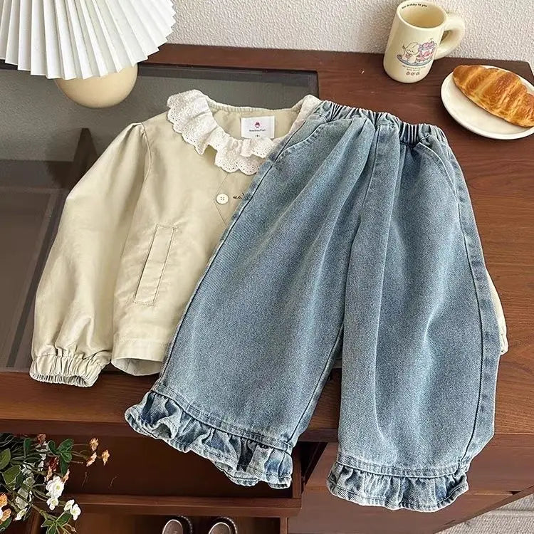 Girls' jeans, spring and autumn styles, children's casual loose wide leg pants, baby autumn clothes, versatile pants