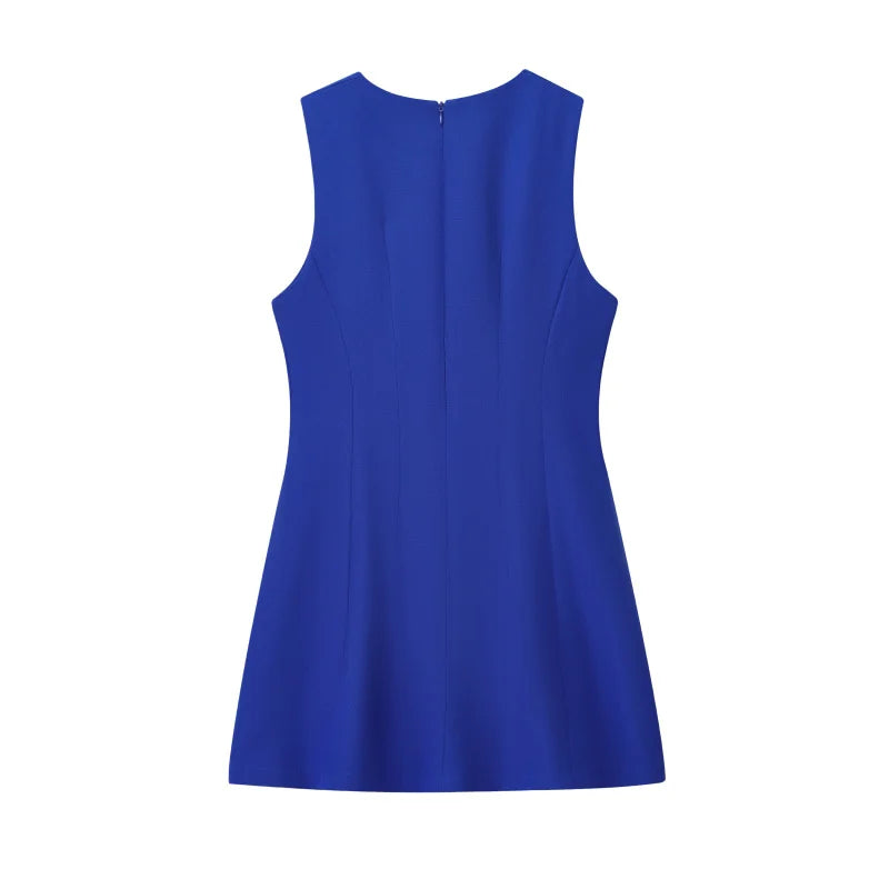 ETJ2025 summer new  women's ZW series elegant simple classic puffy round neck sleeveless waist short dress