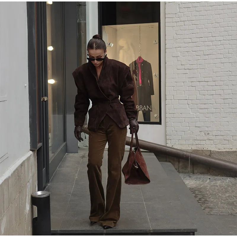 Single Breasted Buckle Casual Suede Jacket Women Chic Shoulder Pad Full Sleeve Lapel Slim Coat Autumn Lady New Highstreet Wear