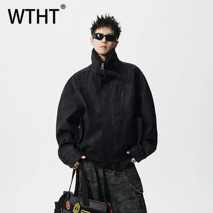 WTHT Fashion Men‘s Plush Spliced Thicken Design Loose Coats Trendy 2025 Autumn Solid Color Laple Casual Jackets Male 2A2218