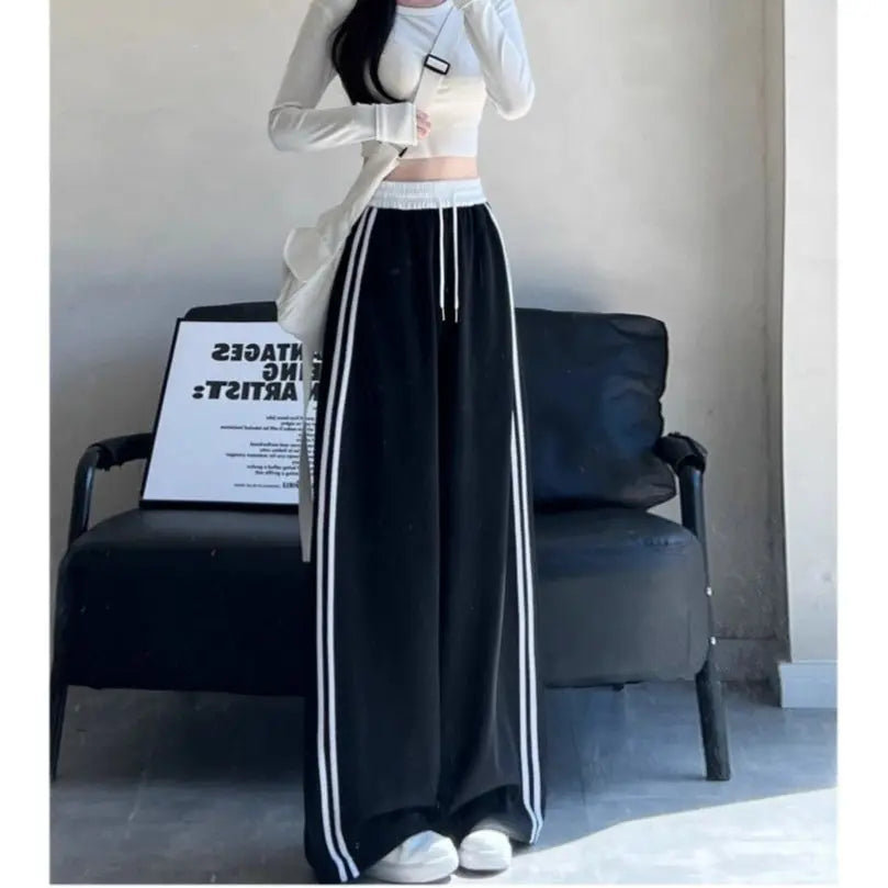 High Waist Wide Leg Pants Women's Spring Autumn New Style Loose American Knife Edge Sports Trousers Color Block Striped