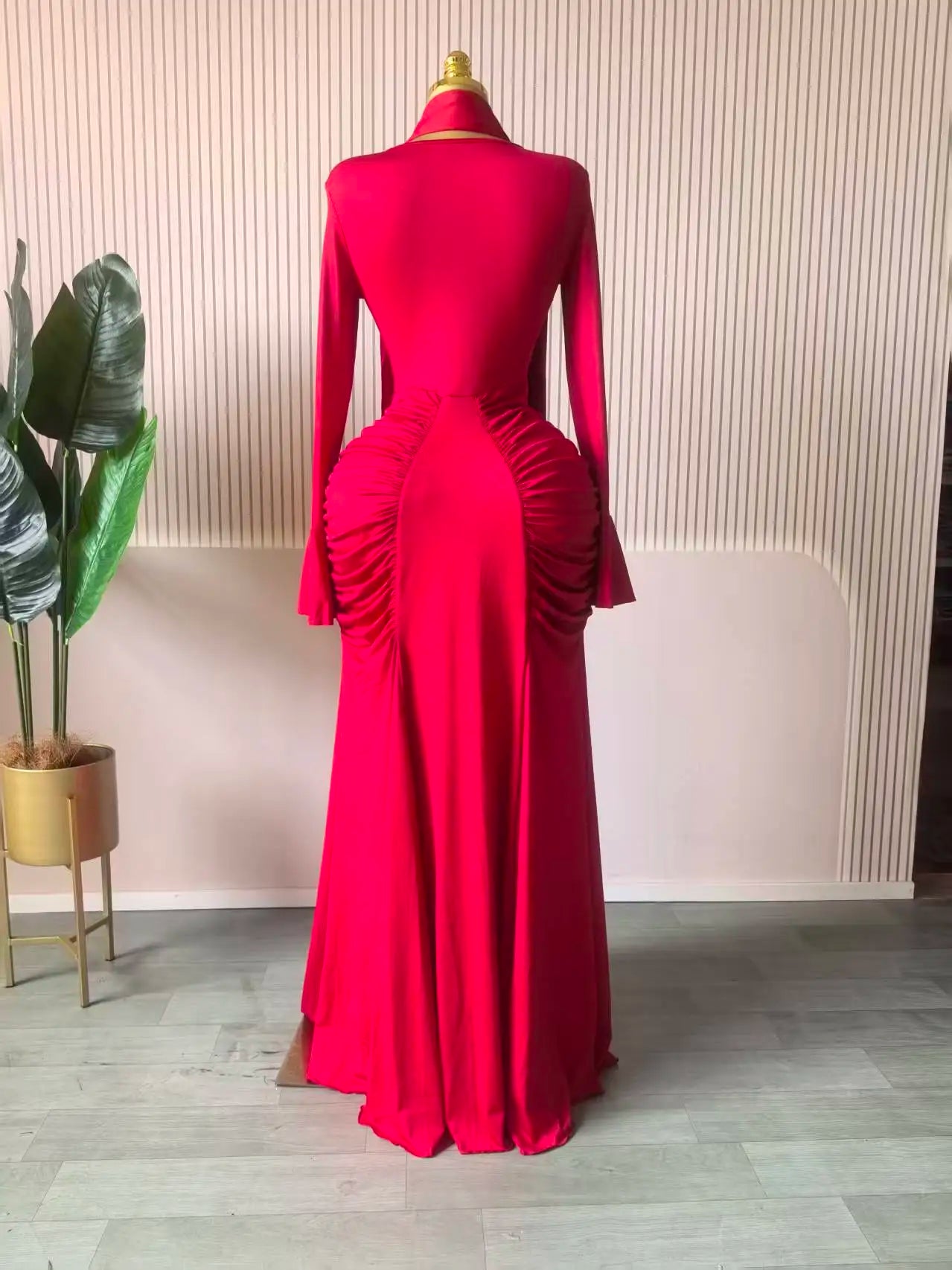 CM.YAYA Women Skew Neck Flare Long Sleeve Ruched Stacked Maxi Long Dress Fall Birthday Evening Sexy Party Dresses with Scarf