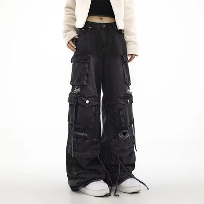 Women Y2k American Retro Mutil Pockets Cargo Jeans 90s Vintage 2000s Jean Pants Trashy Clothes 2025 Black Baggy Cargo Jeans