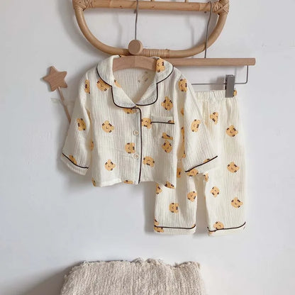 2Pcs Autumn New Kids Pajamas Korean Long Sleeve Print Bear Cardigan And Pants Cotton Musline Yarn Sleepwear