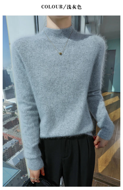 100% Pure Mink Cashmere Knitted Sweater Women's Semi-High Neck Loose Pullovers Casual Joker Warm Bottoming Shirt Autumn Blouse