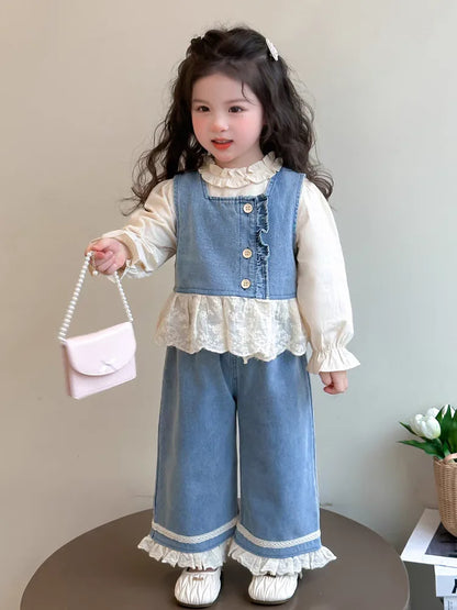 TZ2565/CS2567 Spring and Autumn Girls' Sleeveless Cowboy vest Set with Solid Color Lace Shirt Fashion New Product