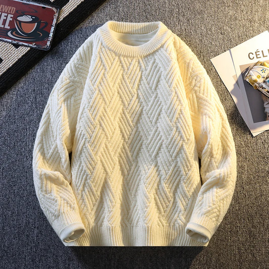 Knit Sweater Men Cable Pullover New Autumn Winter Diamond Pattern Loose Fit Solid Fashion Casual Streetwear Crew Neck Sweaters