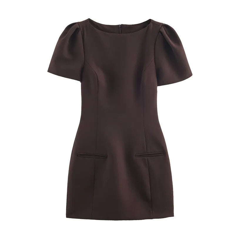 Elegant Puff Sleeve Party Dresses Women Solid Pockets A-line Slim Zipper Mini Dress Ladies Office Outfit Club Evening 2026 Fashi