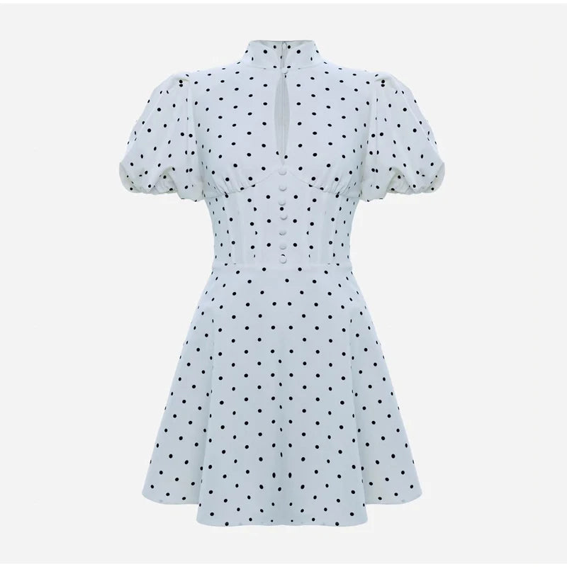 Retro Polka Dot Mini A-line Dress Elegant Stand Collar Puff Short Sleeve Waist-cinching Dresses 2026 New Lady Party Gowns