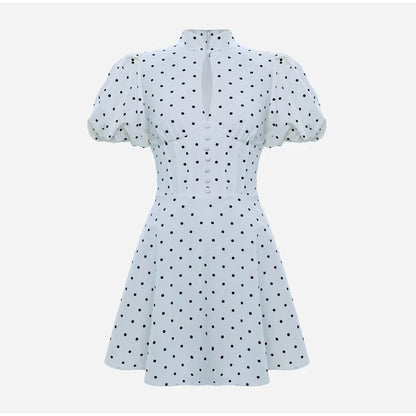 Retro Polka Dot Mini A-line Dress Elegant Stand Collar Puff Short Sleeve Waist-cinching Dresses 2026 New Lady Party Gowns