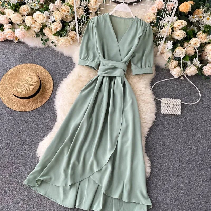 Women's Dress Spring New Temperament V-neck Solid Color Bubble Short-sleeved Irregular Ruffle Edge Lacing Dress Leisure Vestidos
