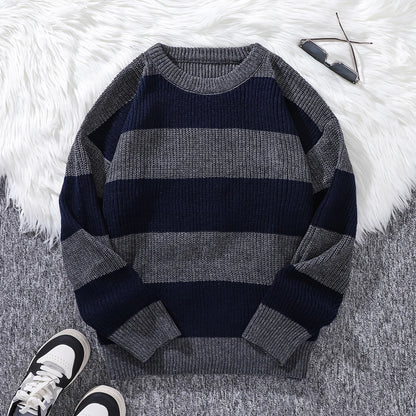 New Loose Bottoming Sweater Casual Versatile Striped Pullover Men's Round Neck Sweater
